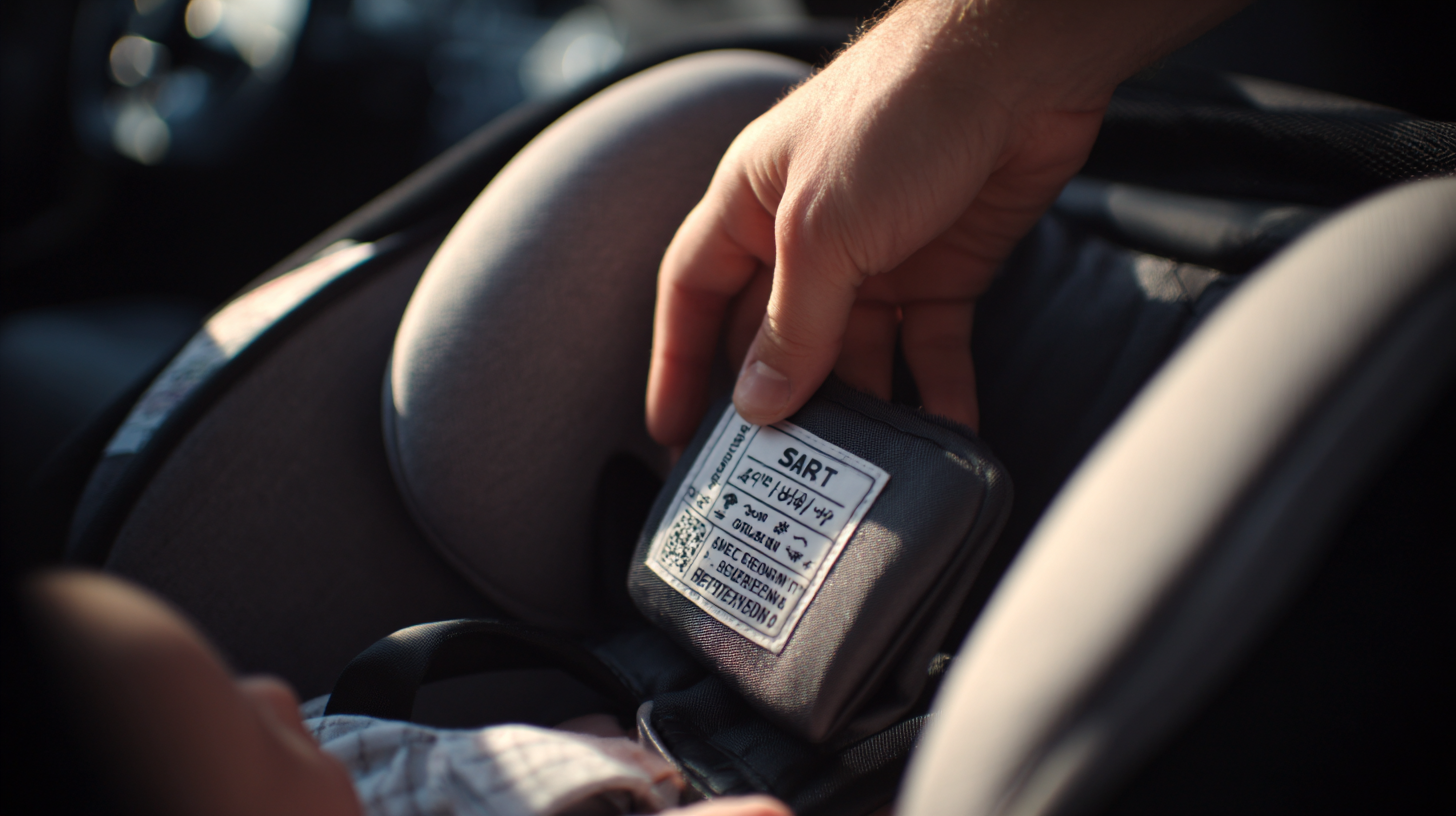 Parent checking car seat expiration date label in backseat of vehicle
